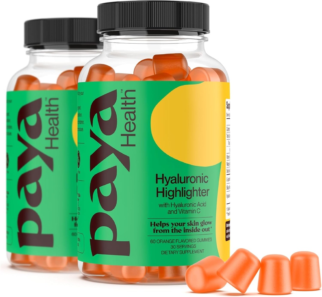 Hidrating Hyaluronic Highlighter Skincare Gummies: 124; Support Brighter, Dewy, Plump Skin 14; Vegan Acid Hyaluronic & Vitamin C Suplemen 124; Non- GMO, Glatin- Free, Orange Flavor, 60- Day Suply