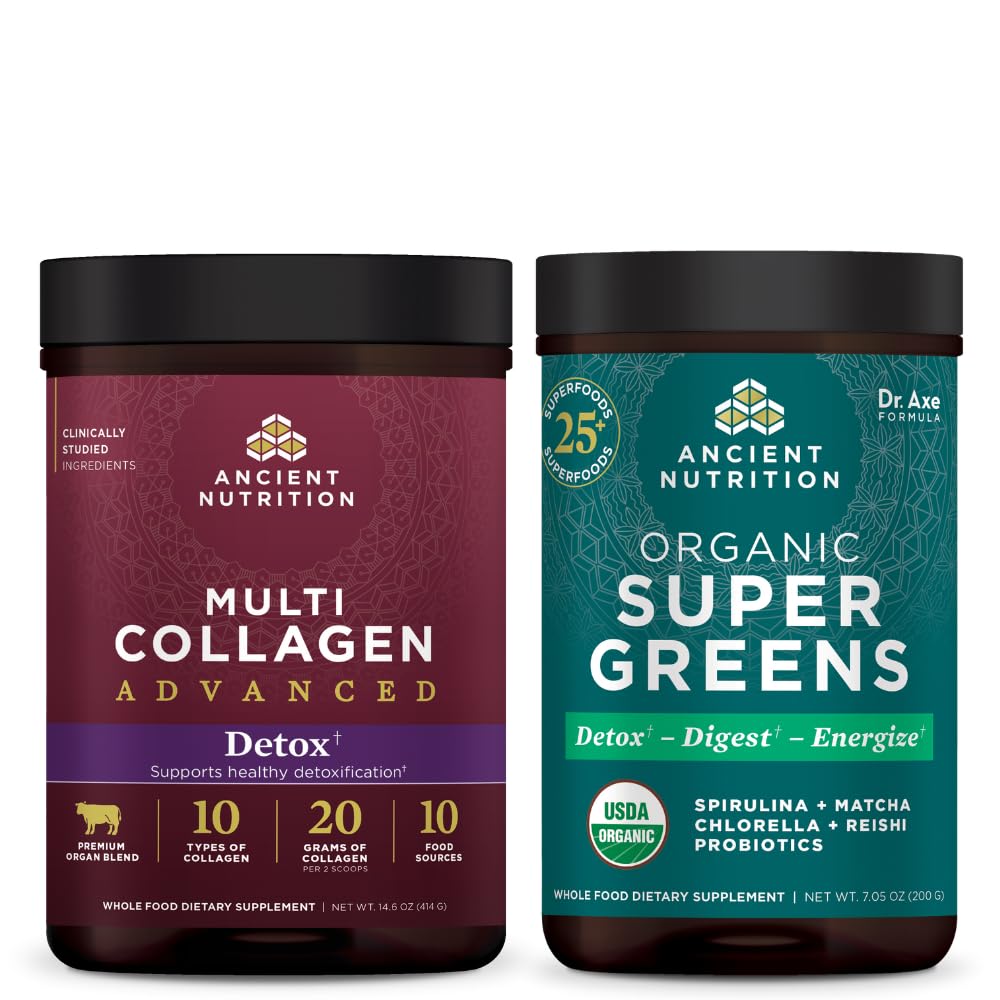 Nutrition kuno Multi Collagen Advanced Powder Cleanse & Detox, Unflashing, 36 Servings + Organic SuperGreens Powder, Greens Flavor, 25 Services