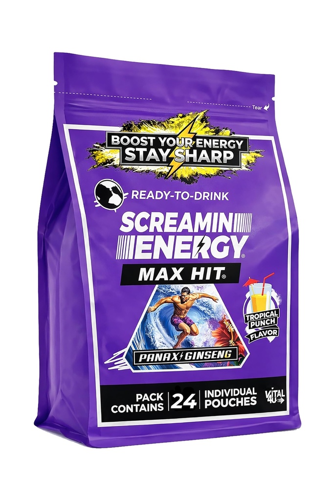 Screamin Energy Max Hit Tropical Punch Flavor - Maksimum Power Sugar Free Energy Shot with Ginseng, B Vitamin, and Caffeine - 24 Count