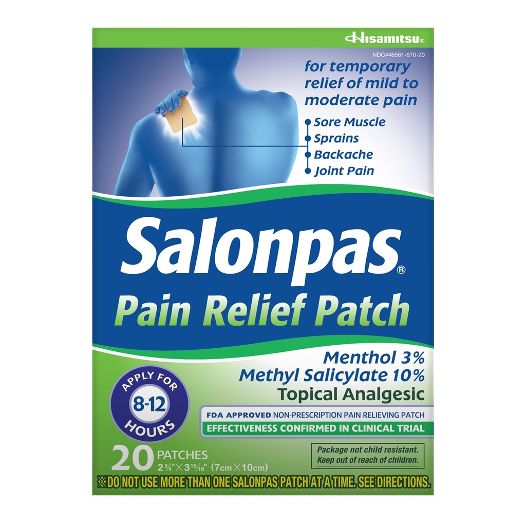 Salonpas Relief Pain Patch, 20 Count (Pack of 1), Sampai dengan 12 Jam Bantuan Temporary dari Mild untuk Moderate Pain, Bacache, Sore Muscle, Spoins, Bruises