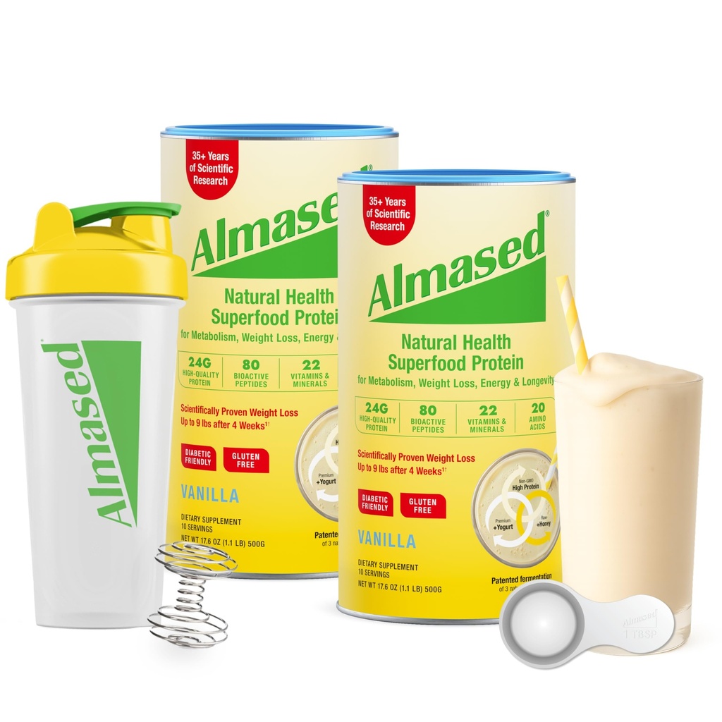 Almased Meal Replacement Shakes for Weight Loss - Protein Powder - Starter Kit (Almond Vanilla Flavor, 2 Cans dari 17.6 oz + Shaker Bottle + Scoop)