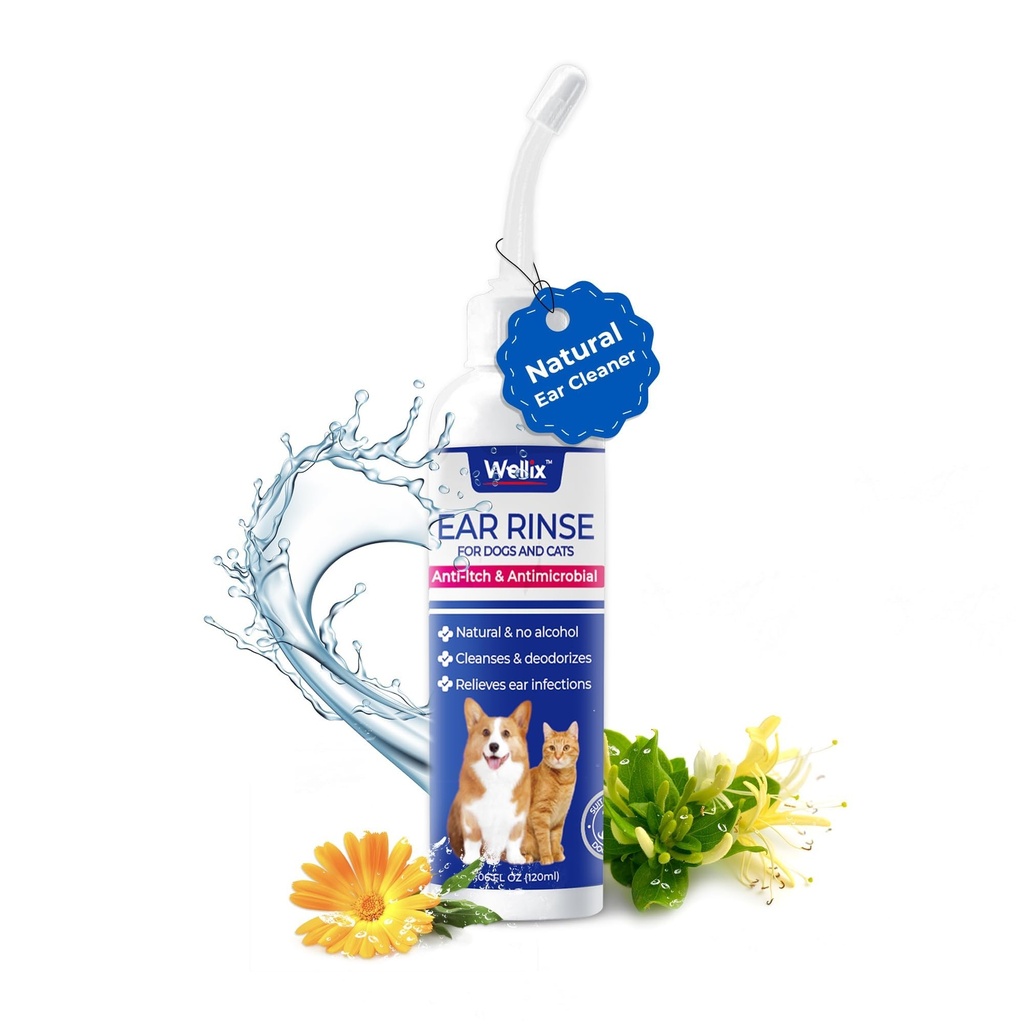 Wellix 120ml Ear Cleaner for Dog & Cat - Ear Infeksi Treatment Without Irritation - Dog Ear Wash for Itch Relief & SoOthing Inflammation - Ear Wax, Powder and Odor Removal Drops