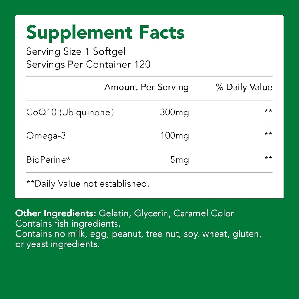 Suplemen, Ubiquinone CoQ10 (Coenzim Q10) 300 mg, BioPerine (5mg) 124; Pasokan Kesehatan Jantung, Energi & Absorpsi (1 Botol-120 Softgels-2mo Supply) Tinggi EPA & DHA 124; None-GMO, Glotent- Free