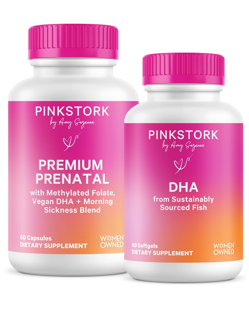 Pink Bangau Premium Prenatal Duo: Premium Prenatal Vitamin + DHA, Progorial Prenatal for Women, Omega 3 + Fish Oil, Prenatal Vitamin with DHA dan Folic Acid, Women-Owned