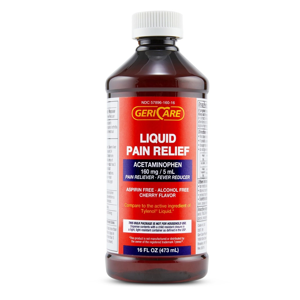 Acetaminopenhen Ramuan GeriCare untuk Dewasa & Anak-anak, 16oz Bottle Cherry Flavored Acetaminophen untuk Headache, Muscle Ache, Toothache, Menstrual Pain- Reducer Demam & Liquid Pain Reliever, 160mg Per 5ml