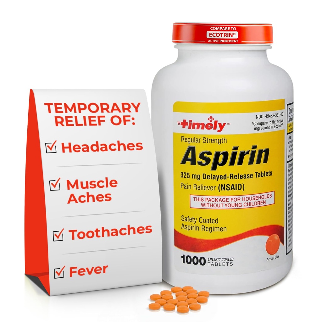 TIME- CAP LABS, INC. Timete Regular Kekuatan Aspirin 325mg - 1000 Entiic Coated Tablet - Pain Reliever untuk Minor Aches and Pains, Demam Reducer - Dibuat di USA