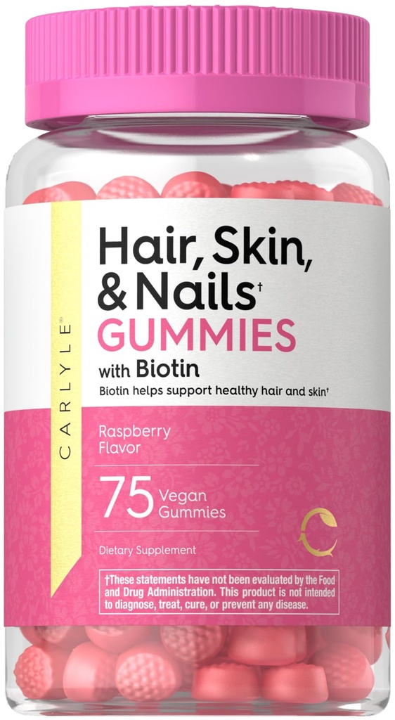 Carlyle Hair Skin dan Nails Vitamin 124; 75 Gummies 124; dengan Biotin dan Collagen 124; Suplemen Gummy untuk Perempuan 124; Strawberry Flavor 124; Non-GMO, Gluten Bebas