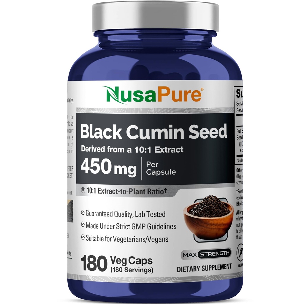 NusaPure Full Spectrum Black Cumin Seed 10: 1 Ekstrak, 450 mg Equivalen dengan 4.500mg 180 Powder Vevgie Caps Non- GMO, Vegan Non-Oily