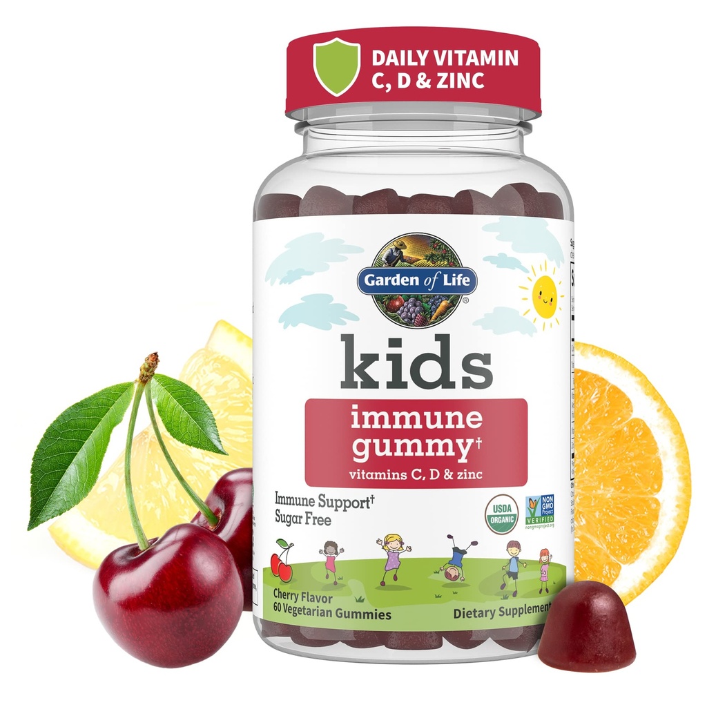 Garden of Life Kids Dimune Support gummies with Vitamin C, D as D3 & Zinc for 3-1 Daily Children 's Imunity - Organic, Non-GMO, Gluten- Free, Vegetarian, Sugar Free, Cherry Flavor, 30 Day Supply