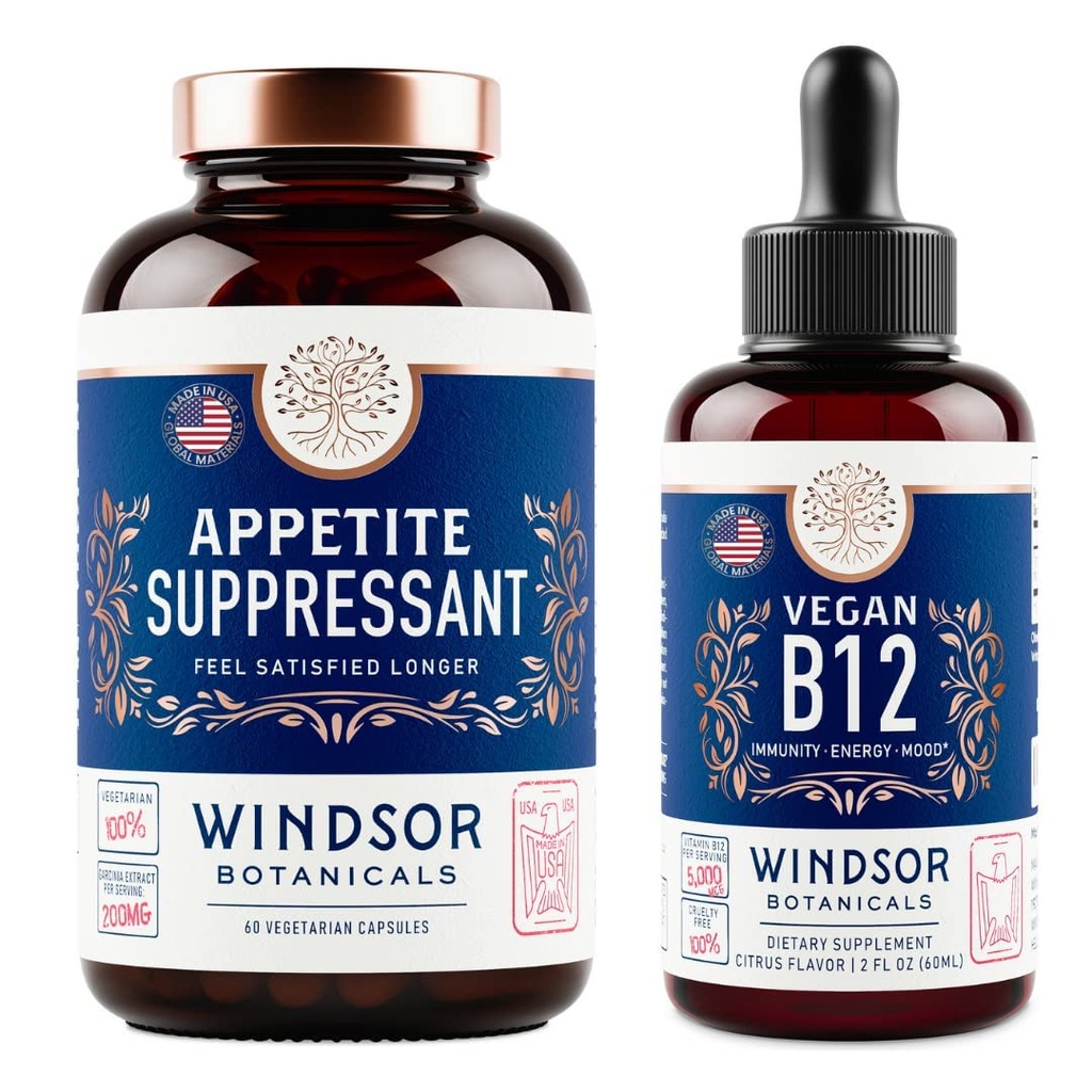 WINDSOR BOTANICALS Appetite Suppresan untuk Weight Los dan Vegan B12 Liquid Bundle