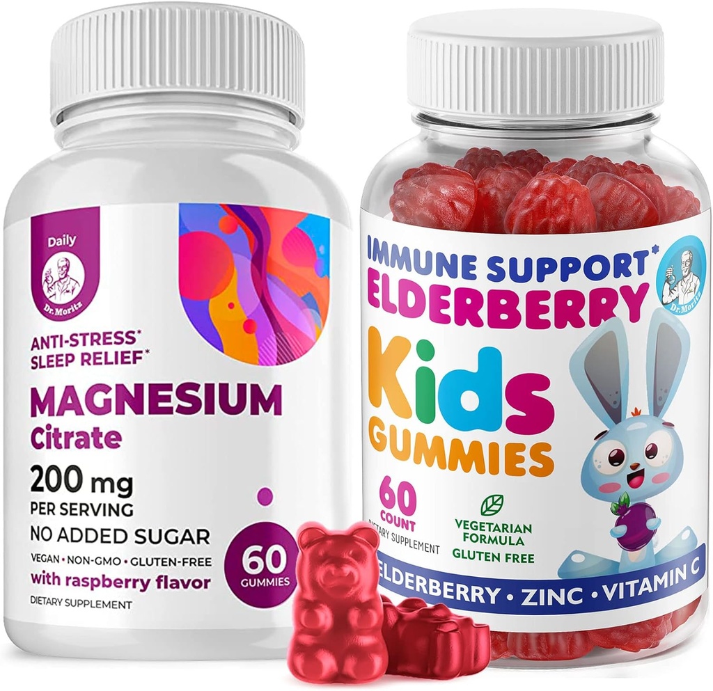 Elderberry Gummies for Kids and Magnesium 200 mg Gummies Sugar- Free - Healthy System Booster and Health Dupport with Elderberry Extract with Magnesium Calm Chews for Kids & Adults Sugar- Free