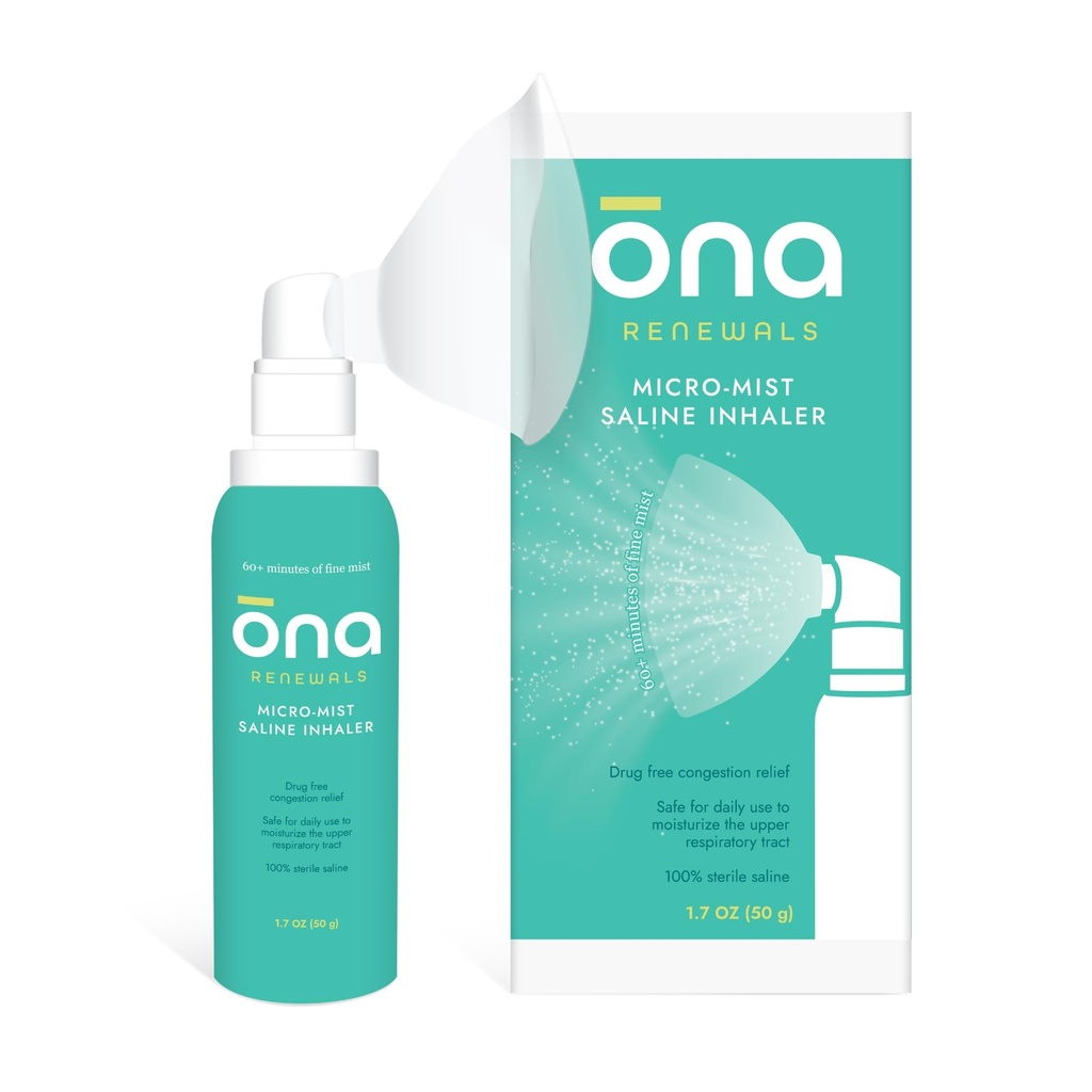 ONA Renewals Saline Micro- Mist Nasal Inhaler, Pelepasan Gangguan untuk Dewasa, Dingin dan Flu, Allergy, Sinus Relief, Unscented, 1.7oz