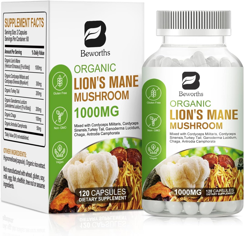 Jamur Mane Lion - 120 Capsules 124; Limons Organic Mane Turkey Tail Mushroom Complex 124; Corga, Chaga, Turkey Tail, Reishi 124; Mintal Clarity, Focus Memory, Brain & Imune Boost