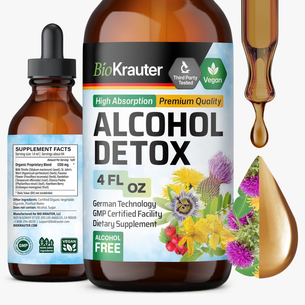BIO KRAUTER Alkohol Detox Tackle - Liver Cleanse Formula - Milk Thistle & Dandelion - Liquid Detox Liquid Liquid Liquat - Alkohol dan Gula Free - Vegan Drops 4 Fl.Oz.