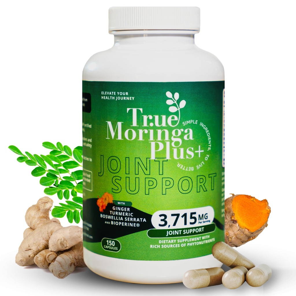True Moringa Plus + Joint Suppplement 10: 1 Extract 124; 2000000mg of Organic Moringa, Turmeriic Curcumin, Ginger, Boswellia 124; Extra Herbal Antioksidant (150 Capsules)