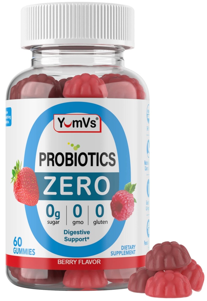 Yum-V 'S - Zero Sugar Probiotic gummies for Digetical Health Demency - Sugar Free Progration for Women, Men & Kid - Gut Health Probiotic gummies for Dewasa & Anak-Anak - Digetical Supplemen Gummy - 60ct