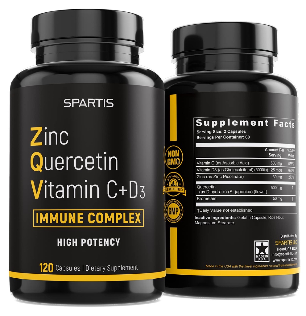 Zinc Quercetin 500mg dengan Vitamin C Vitamin D3 Bromelain Ammune Tinggi Potency Quercetin Tambahan ZQV oleh SPARTIS (Paket 1 Botol di 120- Caps)