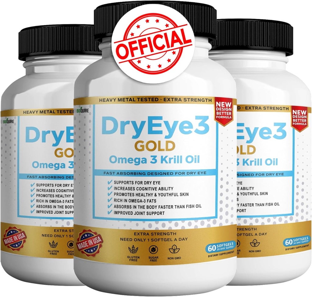 Dry Eye 3 Gold Omega 3 Krill Oil Extra Kekuatan, 60 Softgels, Dry Eye Dukungan, Non-GMO, Gluten Free, Sugar Free (3)