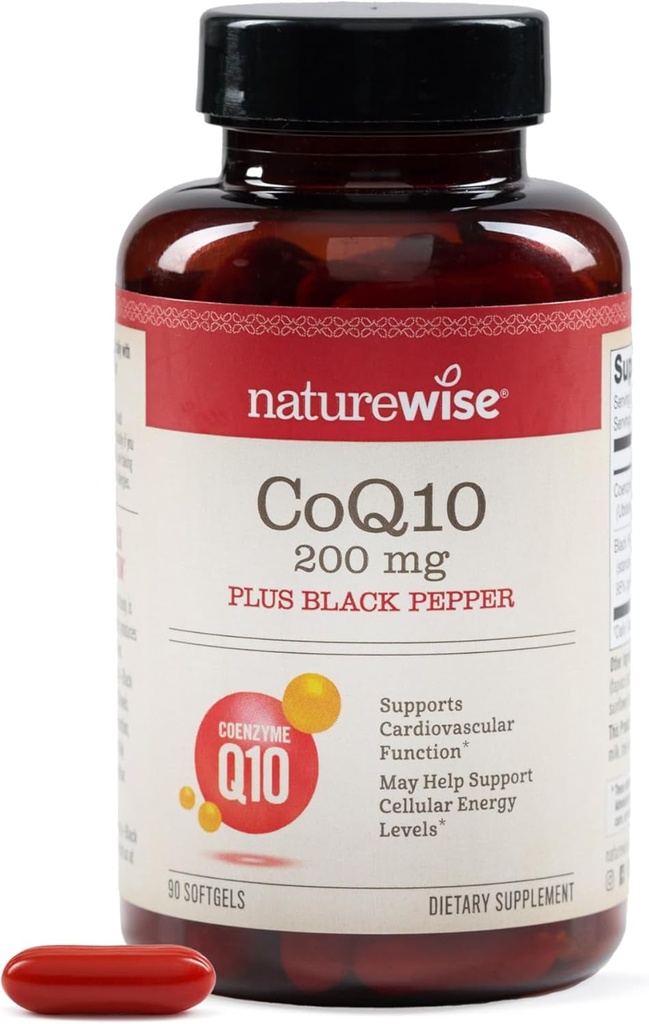 NaturreWise CoQ10 200mg + Black Pepper Softgels - Tinggi Absorpsi Koenzim Q10 + Black Pepper - Antioksidant for Heart Health + Cellular Energy - Vegan, Non- GMO, Gluten- Free - 90 Count [90- Day Suppply]