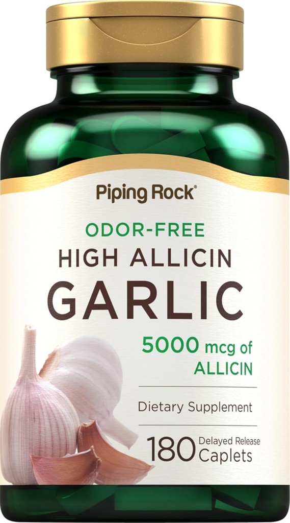 Piping Rock Odorless Bawang putih Pil dengan High Allisin 124; 180 Caplets 124; Odor Free 124; Vegetarian, Non- GMO, Gluten Free