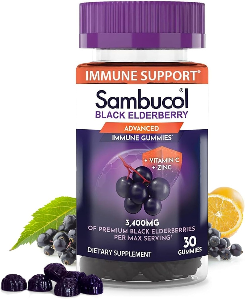 Sambucol Black Elderberry Gummies - Elderberry dengan Zinc dan Vitamin C untuk Orang dewasa, Sambucus Gummies, Dukungan Imune - 30 Count