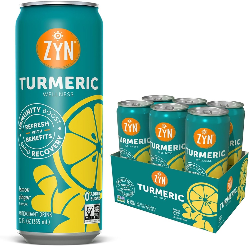 ZYN Turmeric Wellness Drink (6 Pack), Lemon Ginger Flavarored Turmeric Curcumin Drink with Black Pepper, No Added Sugar, Low Carb & Low Calorie Drink, Clean Alternative