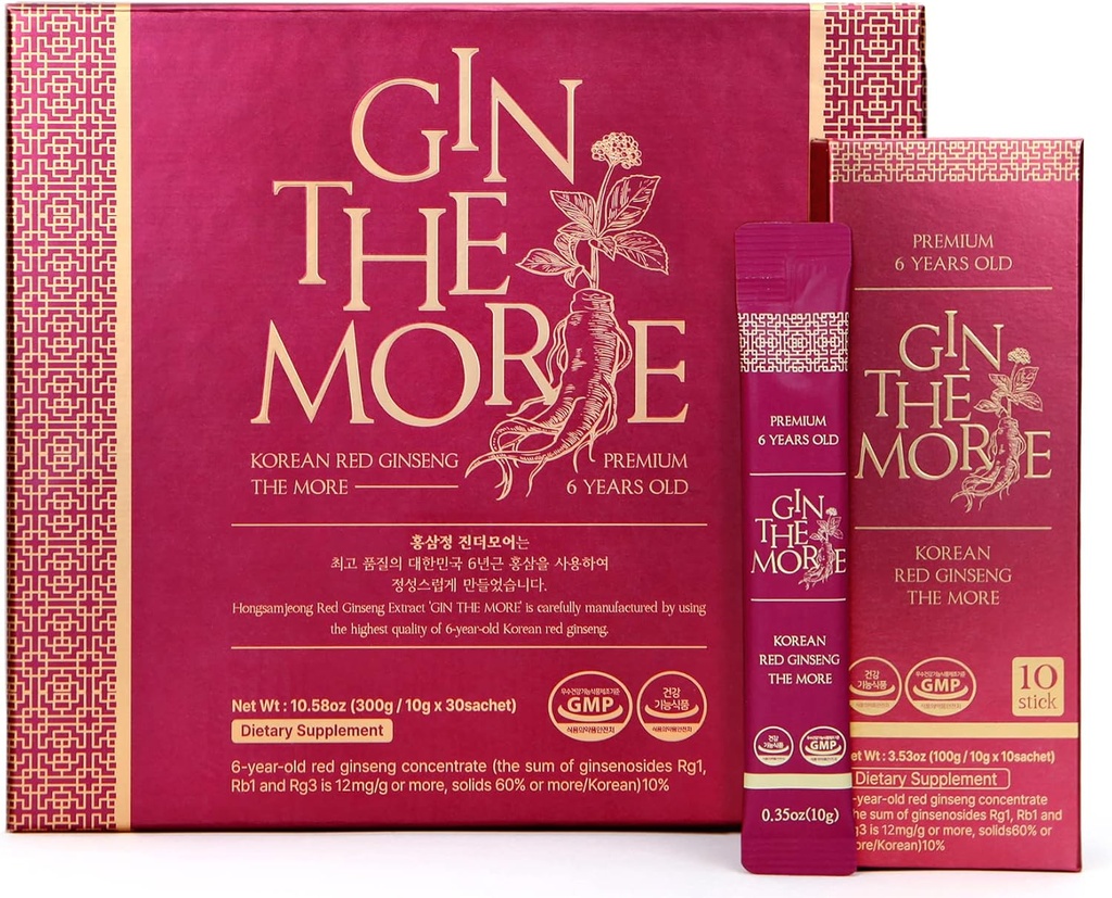 [Gin The More] Red Ginseng - 30 Sachets Korean Ginseng Extract - Premium Ginseng Extract 6 Year with No Preservation, Fillers - Pleasant Tast - Nutrient Packed Immunity Shot