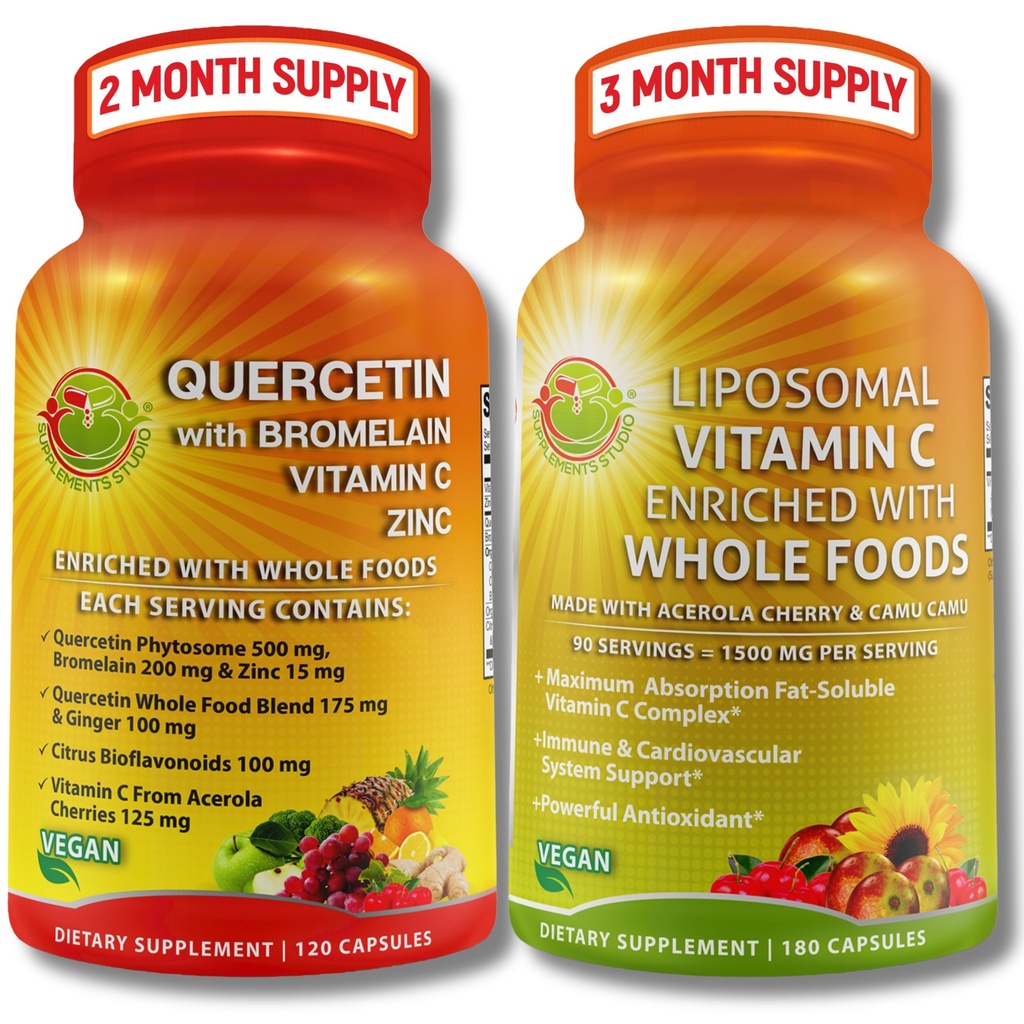 Quercetin dengan Bromelain, Vitamin C & Zinc & Lipomal Vitamin C 1500mg - Imune Dukung Bundle dengan Organik Acerola Cherry, Camu Camu & Whole Food Antioksidants - Vegan, Non-GMO, Clean Label