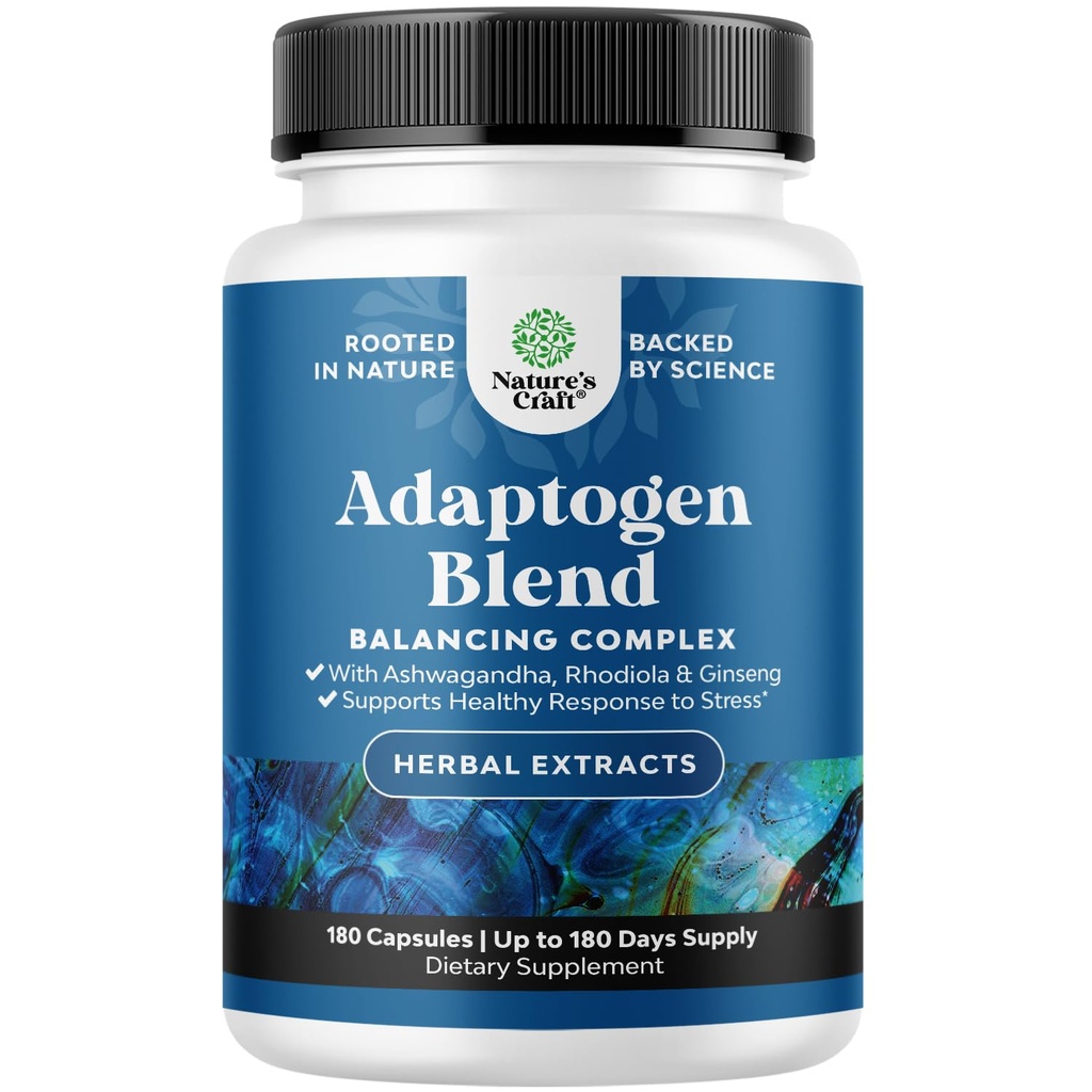 Herbal Adaptogen Mood Supplemen Dukungan - Perbaikan Adaptogens untuk Manajemen Stress & Cortisol dengan Ashwagandha Rhodiola Rosea & Maga - Vegan Non GMO & Daytime Friendly -180ct