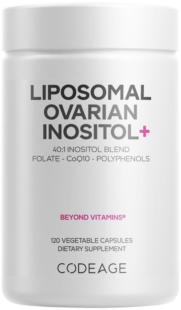 Codeage Lipomal Ovarium Inositol + Suplement - Myo- Inositol & D- Chiro- Inositol 40: 1 Blend, Mengalir 5- MTHF, CoQ10, Prenaate & Wild Blueberry Pengiriman, Nnn-GMO, Gluten- Free - 120 Capsules