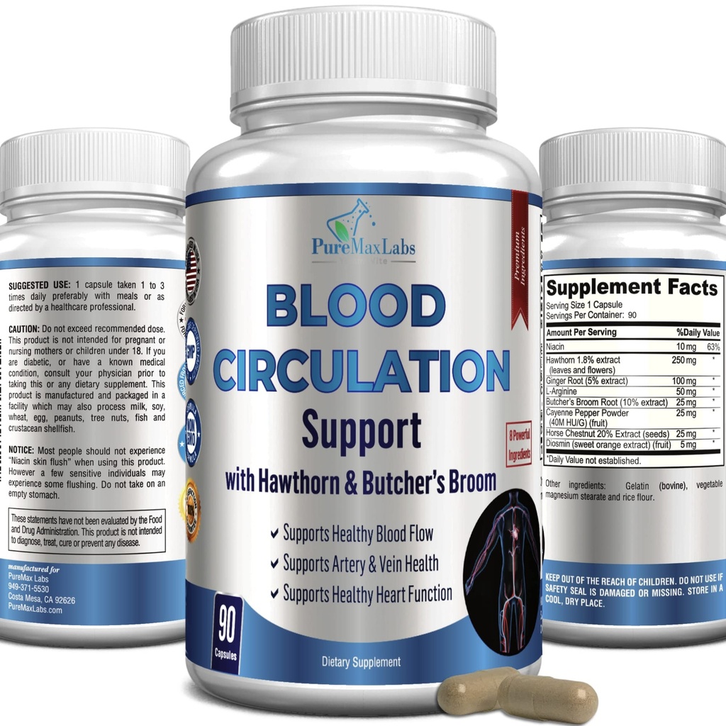 Suplemen Sirkulasi Darah - dengan Hawthorn, Butchers Broom, Horse Chestnut, Arginine, Diosmin, Varicose Veins Treatment, Circulation Dukungan - 90 Kasules