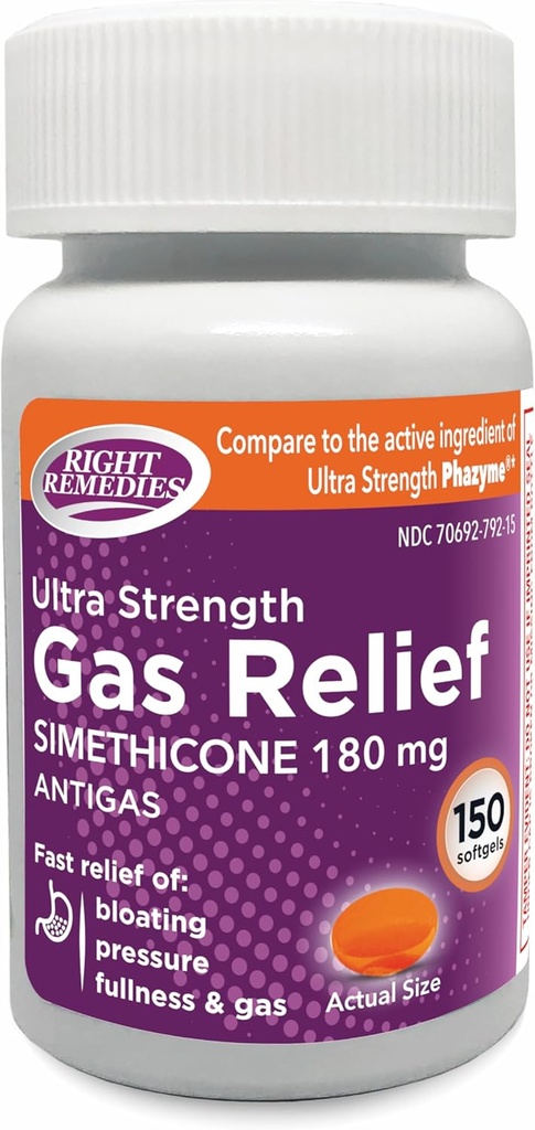 Gas Relief Ultra Kekuatan, 180mg Simejicone (150 Softgels) Quast Relief from Gas, Bloating, Fulness, Patiful Discompare, Compare to Ultra Strength Phazyme Active Ingredient
