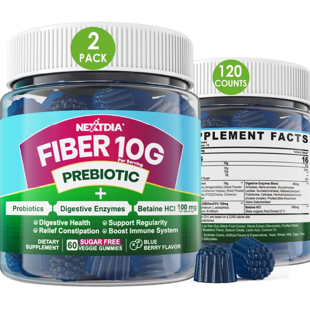 Gummies Fiber for Dewasa, Sugar Free 10g Prebiotic Fiber Supplement with Digetical Enzimes, Progetic & 100mg Betaine for Digetical Health and Regulate Bowel Movement, Vegan, Gelatin Free, 120ct