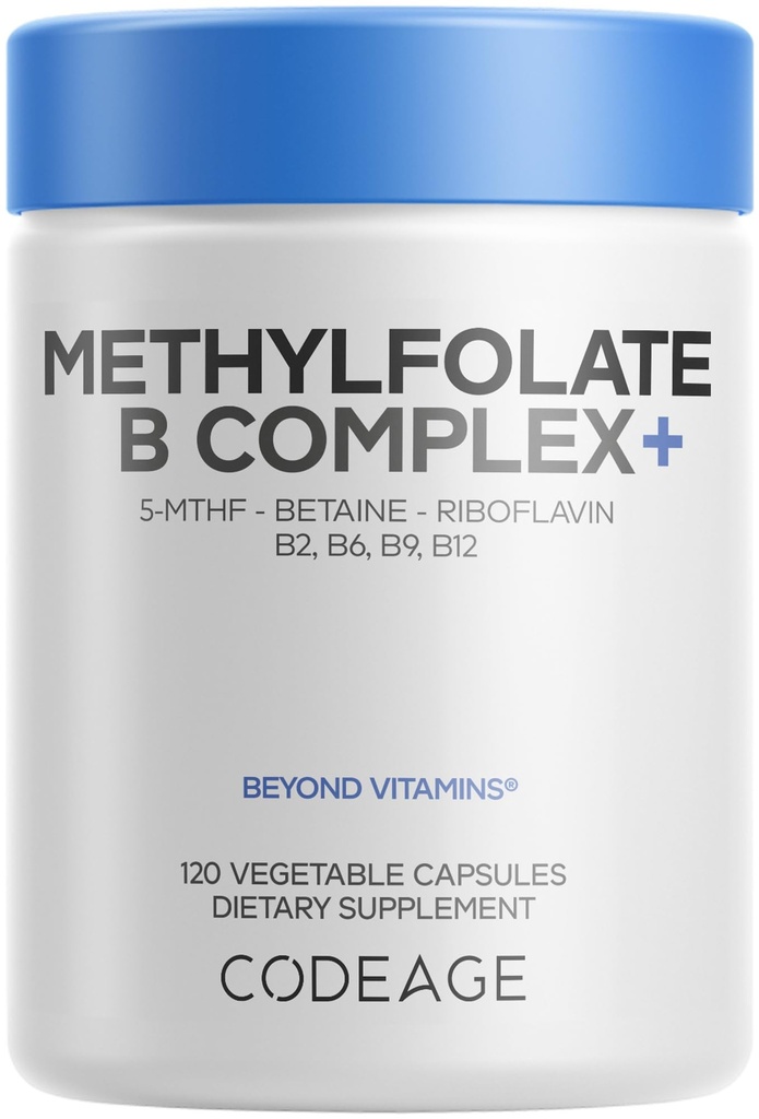 Codeage Methylfolat B Complex Suplemen - 5 MTHF, Methyycobalamin 10000mcg Metholine B12, Riboflavin, Betaine, Vitamin B6, Methylation Cycle MTHFR - 2 Bulan - 120 Capsules