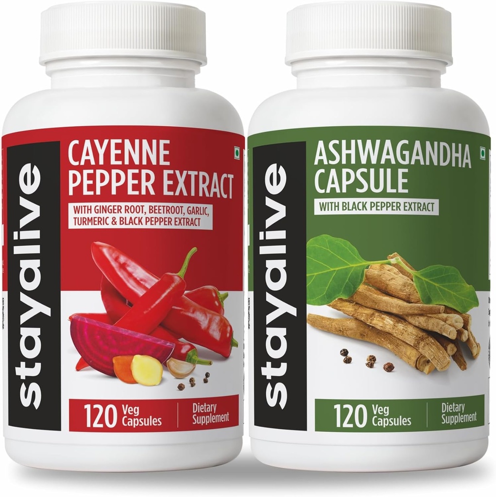 STAY ALVE Cayenne dan Ashwagandha Bundle w / Black Pepper Extract Capsules, 240 Vegan Pills, Non-GMO & Gluten Free Ashwagandha Cayenne Pepper Supplemen