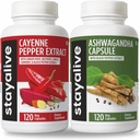 STAY ALVE Cayenne dan Ashwagandha Bundle w / Black Pepper Extract Capsules, 240 Vegan Pills, Non-GMO & Gluten Free Ashwagandha Cayenne Pepper Supplemen