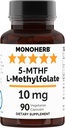MONOHERB L- MEthylfolat 5-MTHF 10 mg - 90 Vegetarian Capsules - Methyl Folate Supplemen