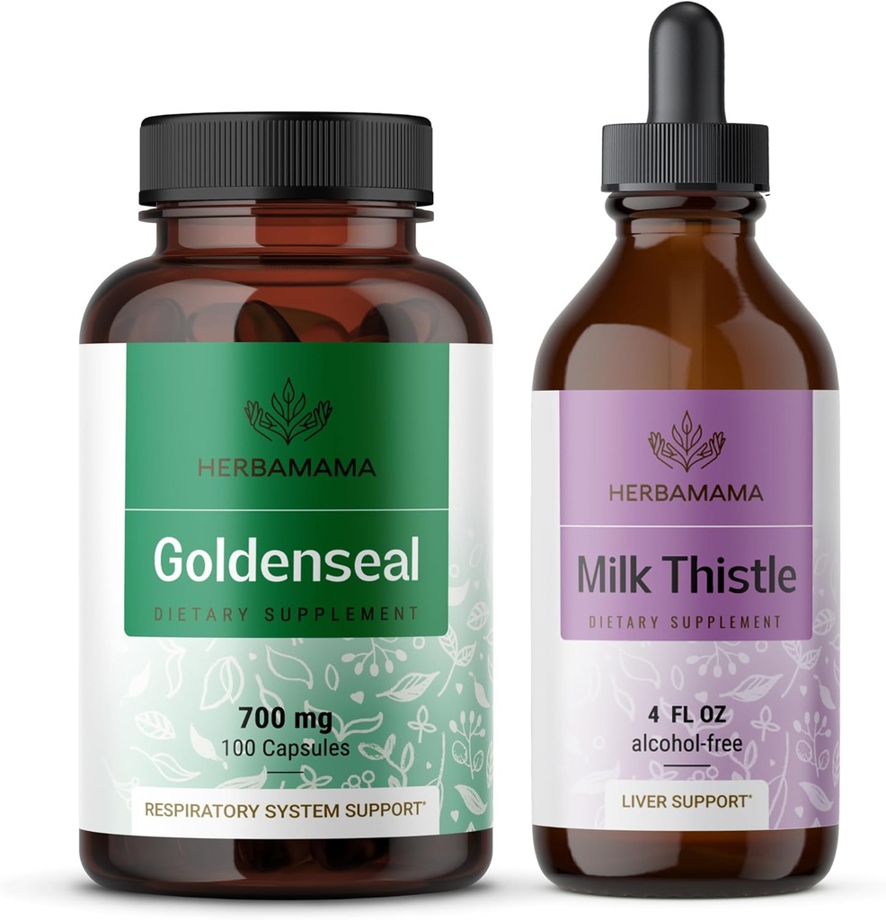 HERBAMAMA Goldenseal dan Milk Thistle Kit - Bundle dari 700 mg Goldenseal Root Capsules dan Milk Thistle Thirture 2 - Vegan, Non-GMO, Sugar & Alcohol- Free-2 Pack