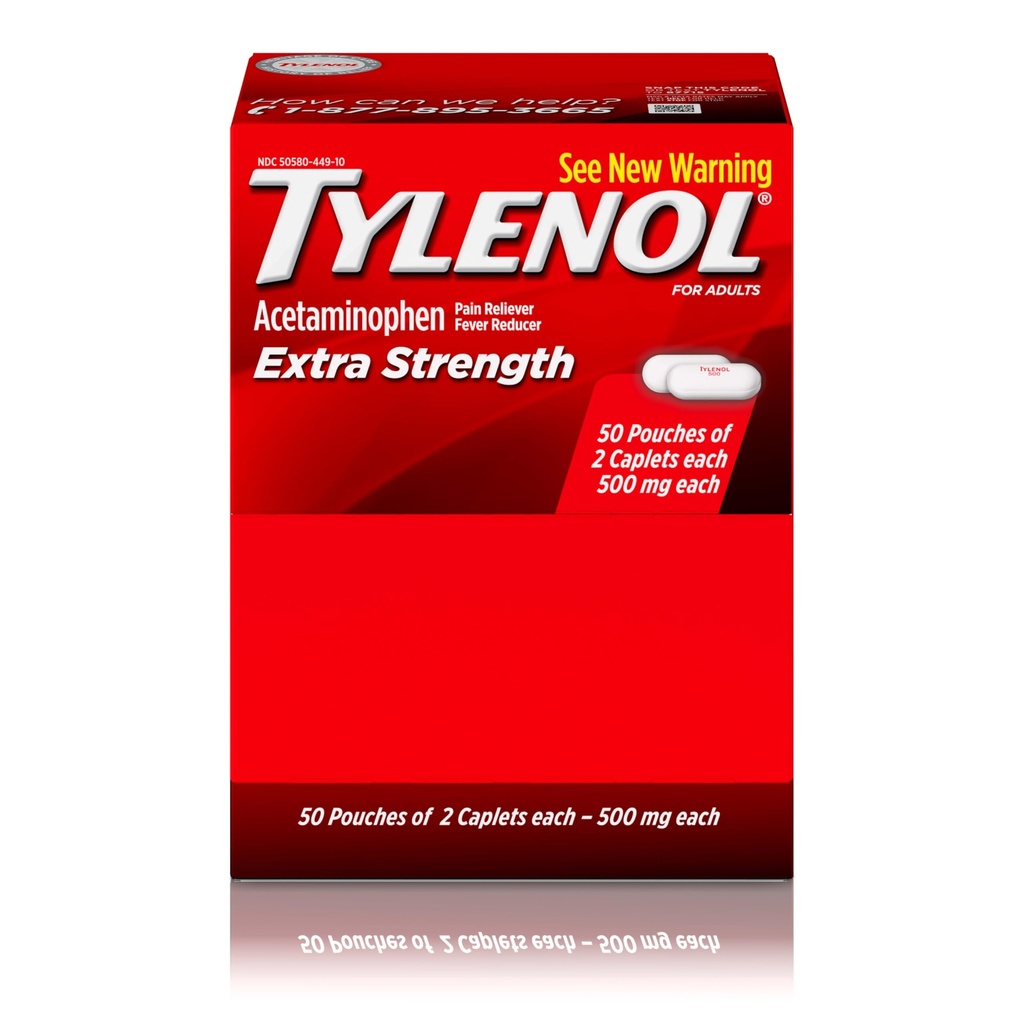 Tylenol Ekstra Kekuatan Acetaminophen Caplets, 500 mg, Relief Nyeri & Fever Reducer for Headache, Bajache, Toothache, Menstrual Cramps & Packness, Perakitan Friendly, 2- Caplet Pouches, 50 Count