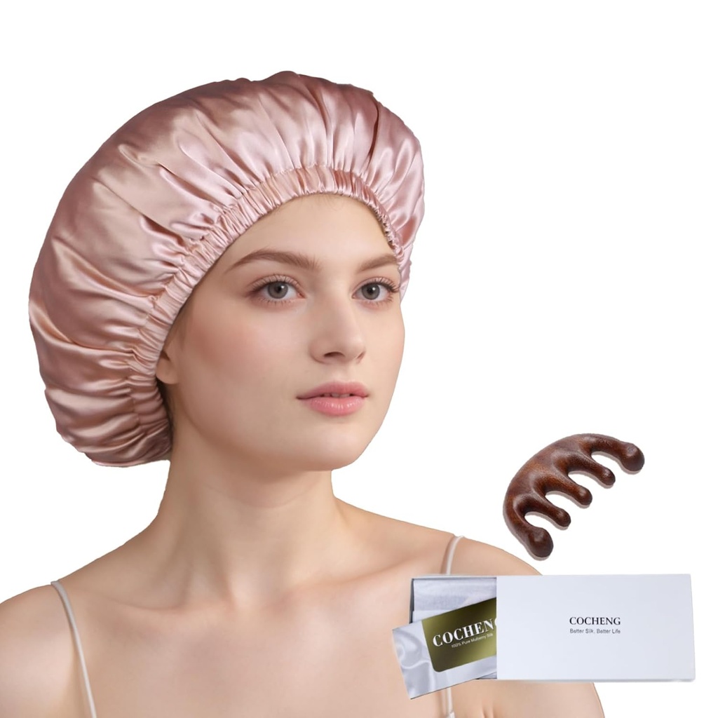 100% Mulberry Silk Bonnet for Sleeping Women Long Hair -Double Lapis Sleep Cap -Silk Sleep Bonnet with Elastic Stay On Head (Pink, Large)