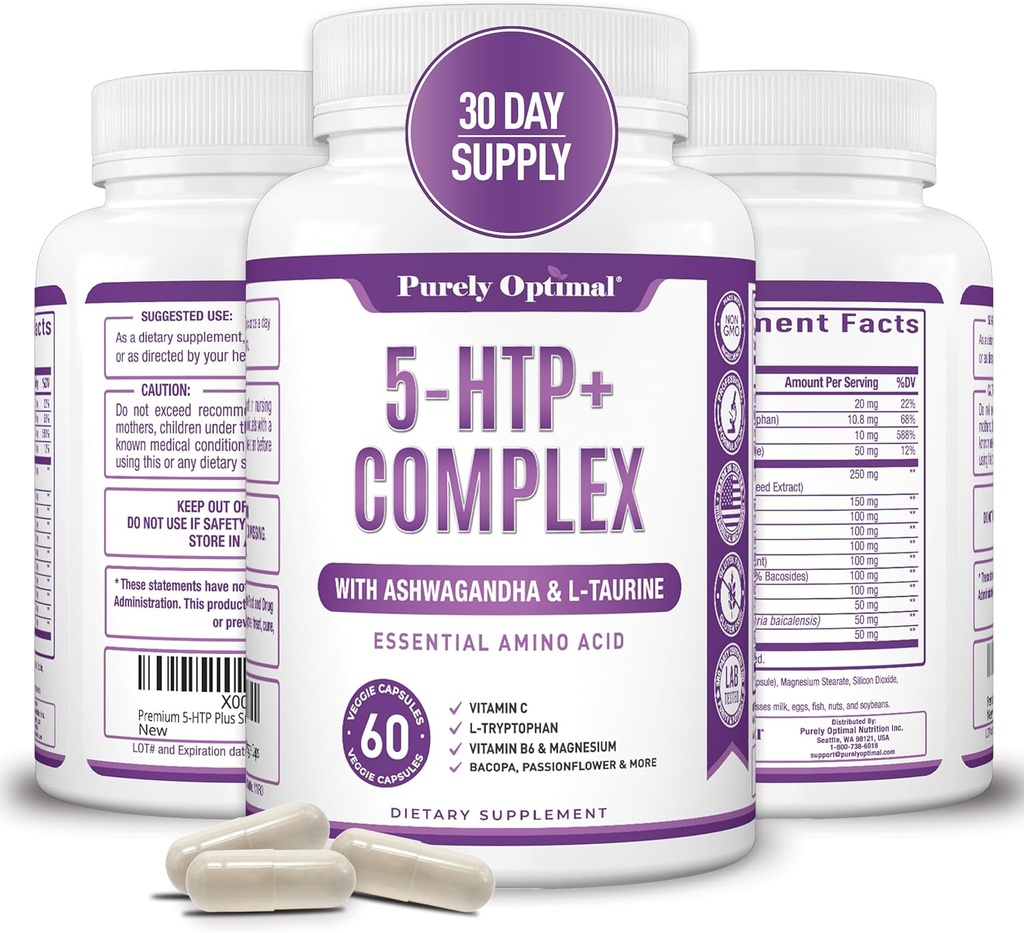 Premium 5- HTP Plus Supplemen 250mg Maximum Aid - Sleep Aid, Mood Boost, Promotes Calm & Relaxation, Stress Management Support - Enhanced with Vitamin B6, Gluten Free, Non-GMO, 60 Vevgie Caps