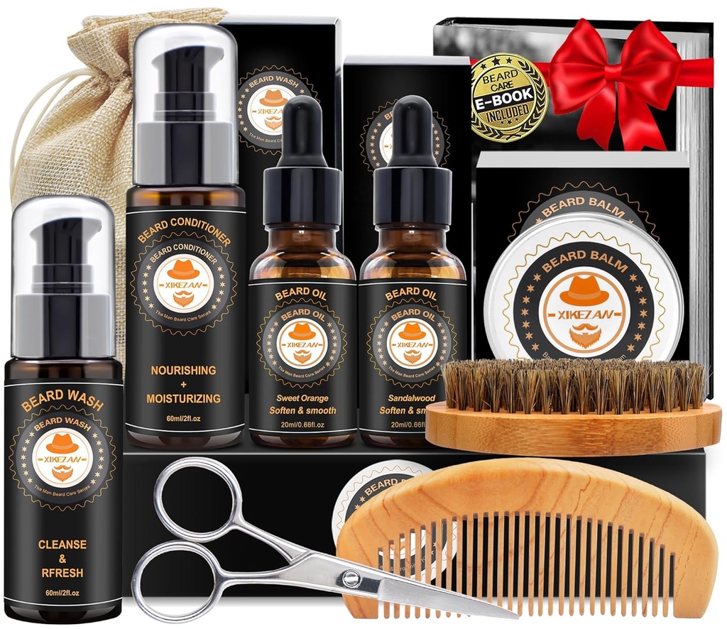 XIKEZAN Beard Kit for Men Grooming & Care w / Beard Conditioner, Wash, Oil, Balm, Brush, Comb, Anugerah Ulang Tahun Bagi Pria-Nya Suami Suami Suami Suami pacar Hadiah Natal Mens Stocking Stuffers