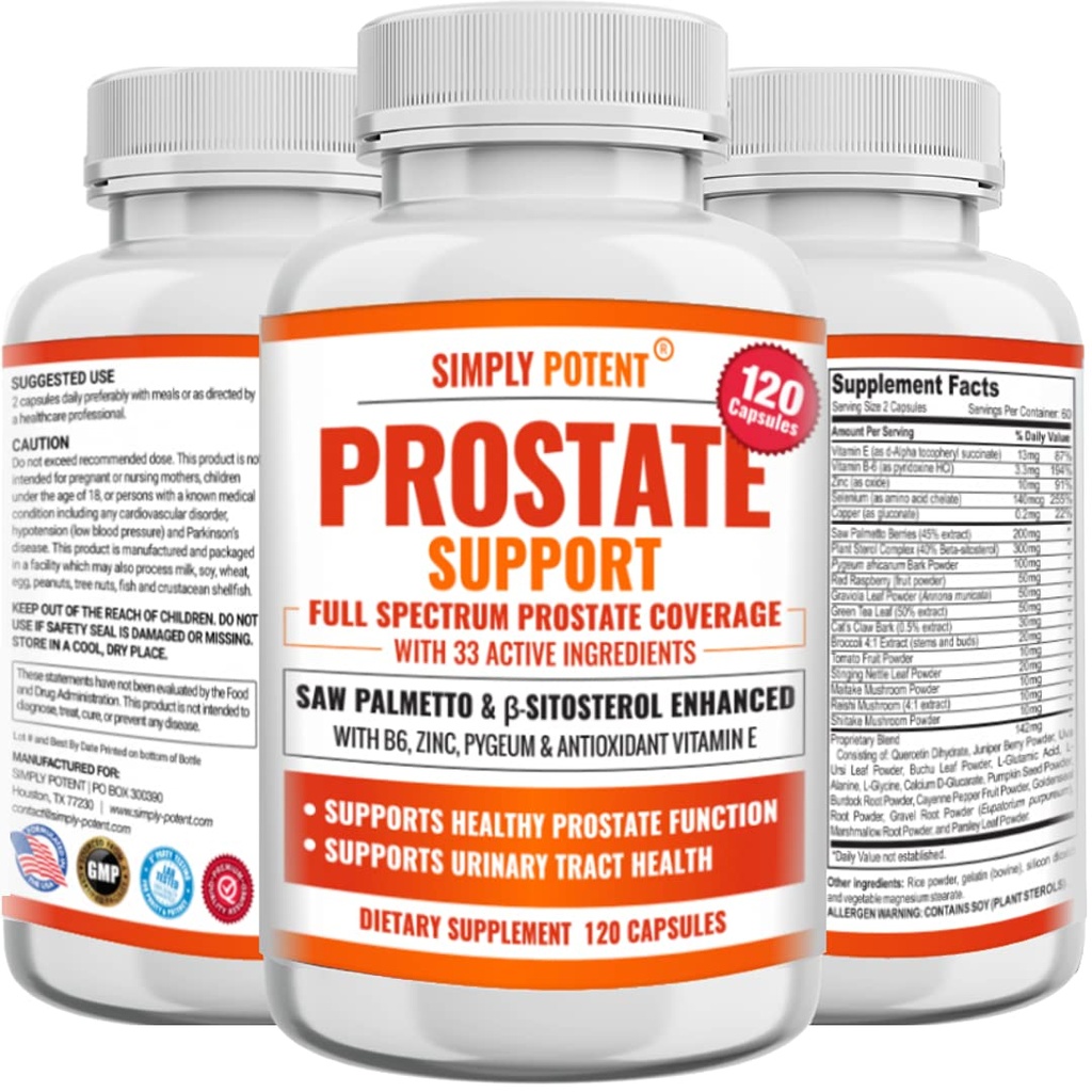Suplemen Prostat untuk Men (120 Kapsul), Saw Palmetto Prostat Health Support - 33 Vitamin & Herbs - Beta Sitosterol Plus B6, Selenium & Zinc for Healthy Urination Frequency & FOP