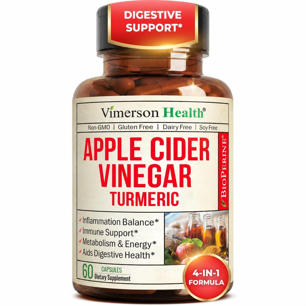 Vinegar Apel Organik dengan Suplemen Curcumin Turmeric & Ginger untuk Kesehatan Digetical, Metabolisme, Energi & Gabungan - Turmeric & Apple Cider Vinegar Capsules. 60 Vegan Non-GMO Caps