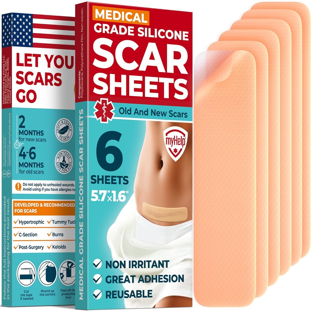 Tingkat Medis Scar Sheets - 6pk (5.7 "x1,6") - Perbedaan Terlihat pada Tanda Bedah & Keloid - Penggunaan C-Bagian Scar Silicone Strips - Mudah untuk Gunakan Strips