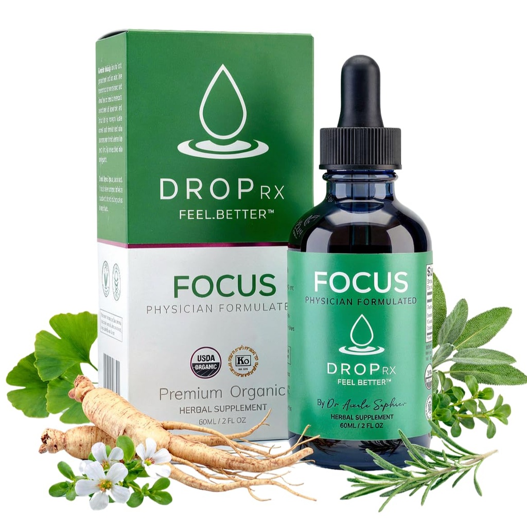 DropRx Fokus oleh Dr. Nicole Saphier - Ginkgo Biloba & Ginseng, Basopa, Rosemary & Sage untuk Memory Improvity and Brain Focus - Organic, Non-GMO, Vegan, Gluten- Free, Kosher, Made in USA (2 Fl Oz)