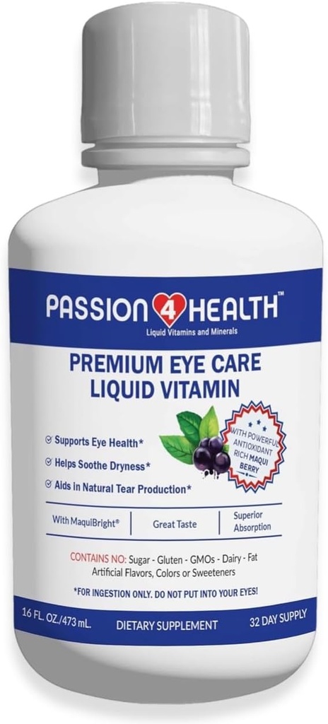 Passion 4 Health Liquid Eye Vitamin - Natural Vision & Adult Eye Care Suplement - Premium Support with Maqui Berry Extract, Gluten- Free, Non- GMO, No Sugar - 30- Day Suppply, Maqui Berry Extract, Gluten- Free, No-GMO, No Sugar