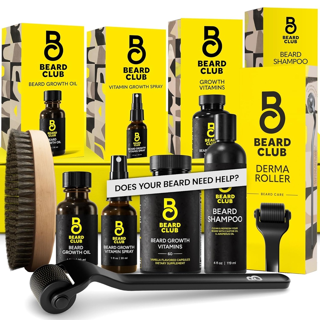 The Beard Club Advanced Beard Growth Kit - Derma Roller, Growth Oil, Vitamin dan Vitamin Spray, Shampo dan Boar Bristle Brush