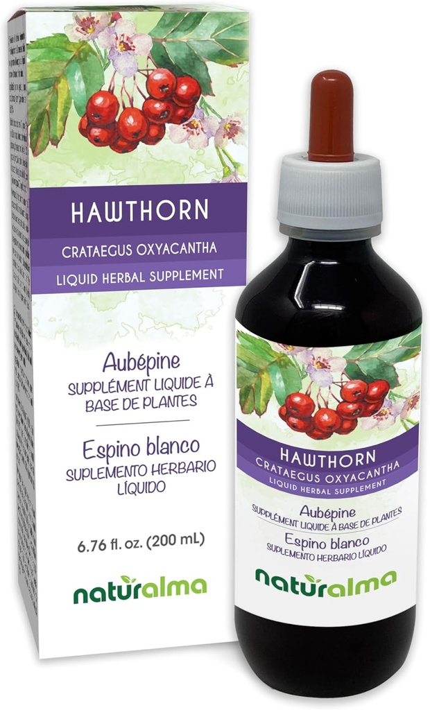 Natualma Hawthorn (Crataegus oxyaclef) Leaf and Flower Alcohol- Free Tincture - 6.76 fl oz Liquid Extract in Drops - Herbal Supplemen - Vegan