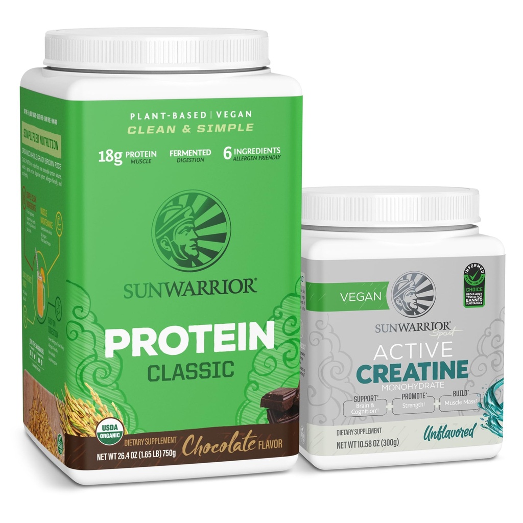Sunwarrior Brown Rice Protein Powder - Berbasis 124; Coklat 30 Pelayan & Creatine Monohydrate Powder 126; Mitronized Untacirated, 60